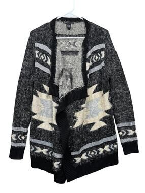 BCBGMAXAZRIA Cardigan Sweater Womens Sz M Black Aztec Geometric Open Fuzzy Knit